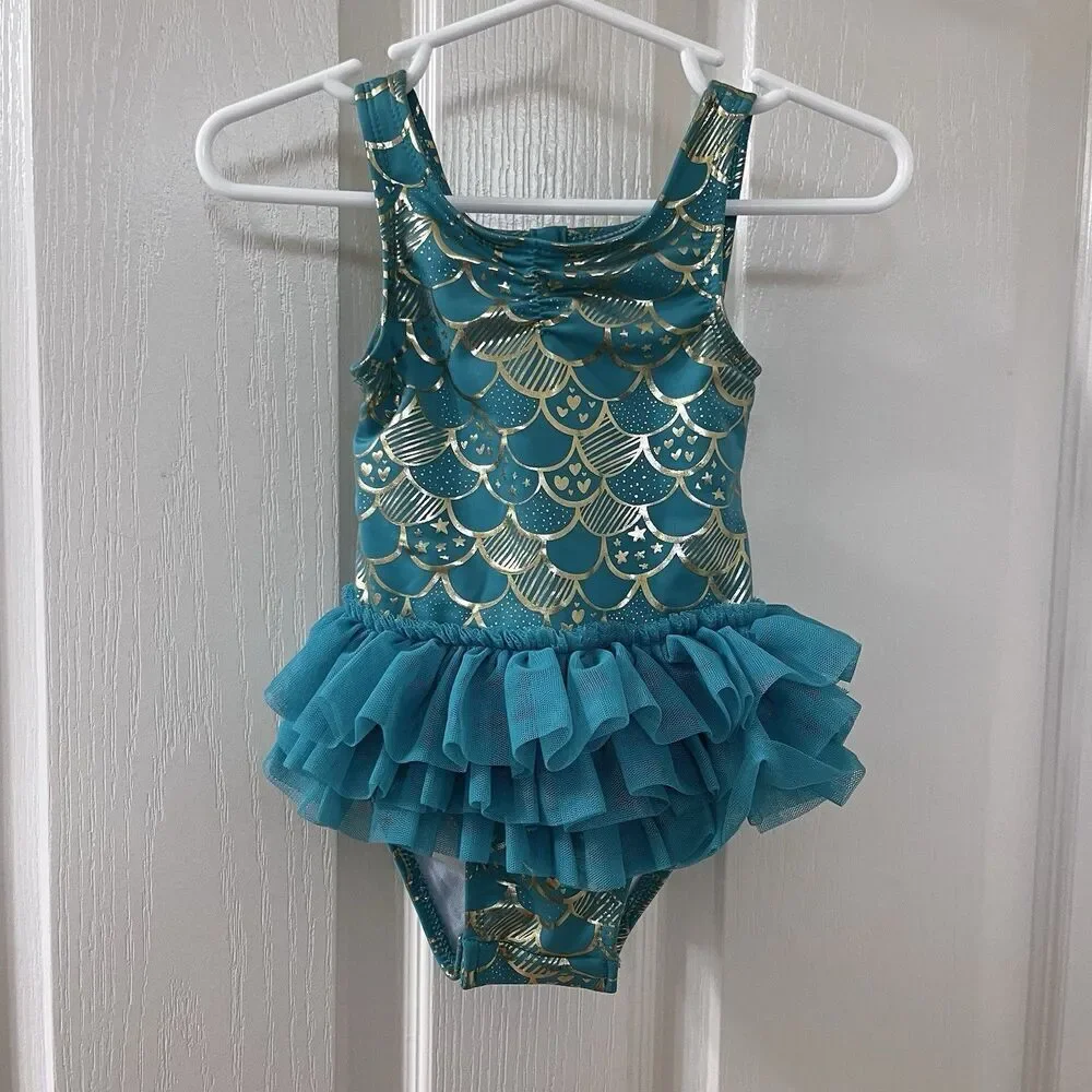 Cat & Jack Teal and Gold Mermaid Tulle Tutu One Piece Swimsuit Girls 12 Months